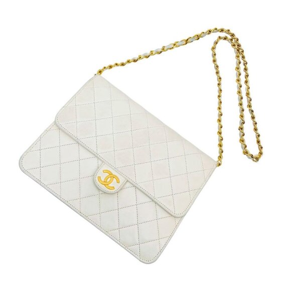 Authentic CHANEL Classic Single Flap Bag Quilted Matelasse Lambskin White Purse - Picture 7 of 15